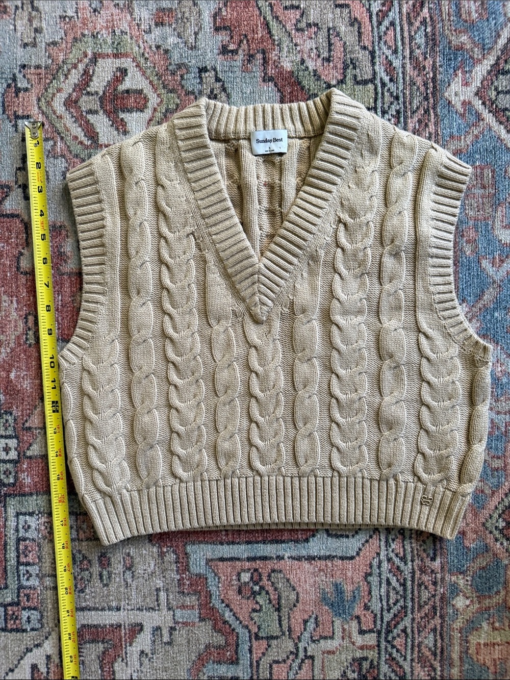 Sunday Best Beige Cable Knit V-Neck Sweater Vest
